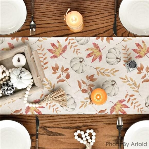 Orange Pumpkin Maple Leaf Table Runner Fall Autumn Thanksgiving Home Decor - Picture 4 of 7
